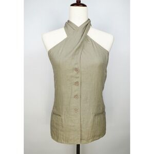 Zara Womens Halter Neck Linen Blend Waistcoat Top Olive Green Button Front Small